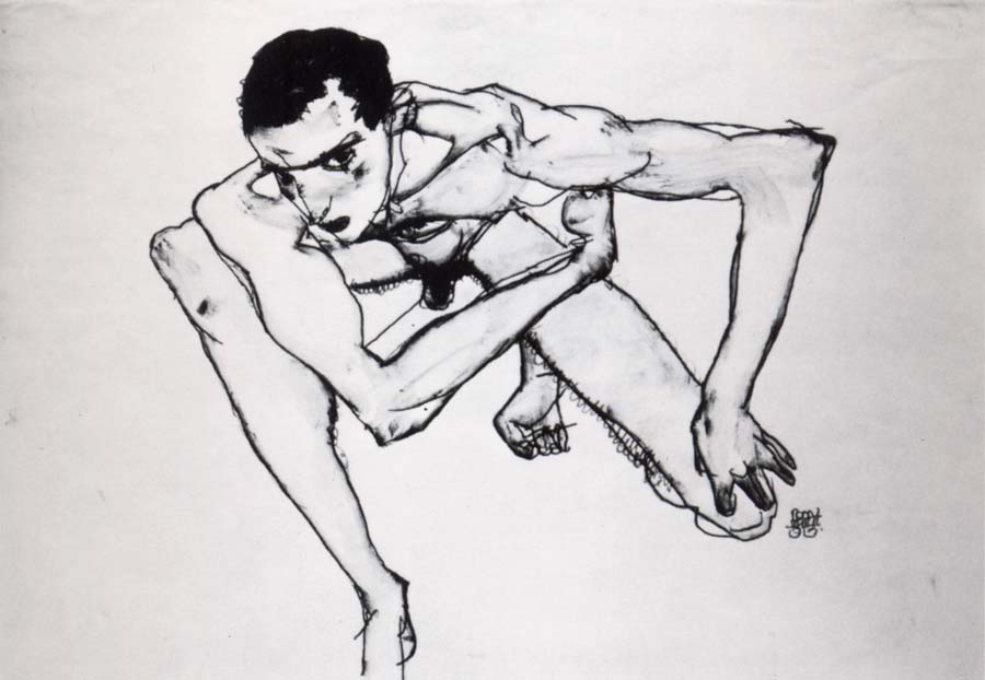 Egon Schiele Self Portrait in crouching position